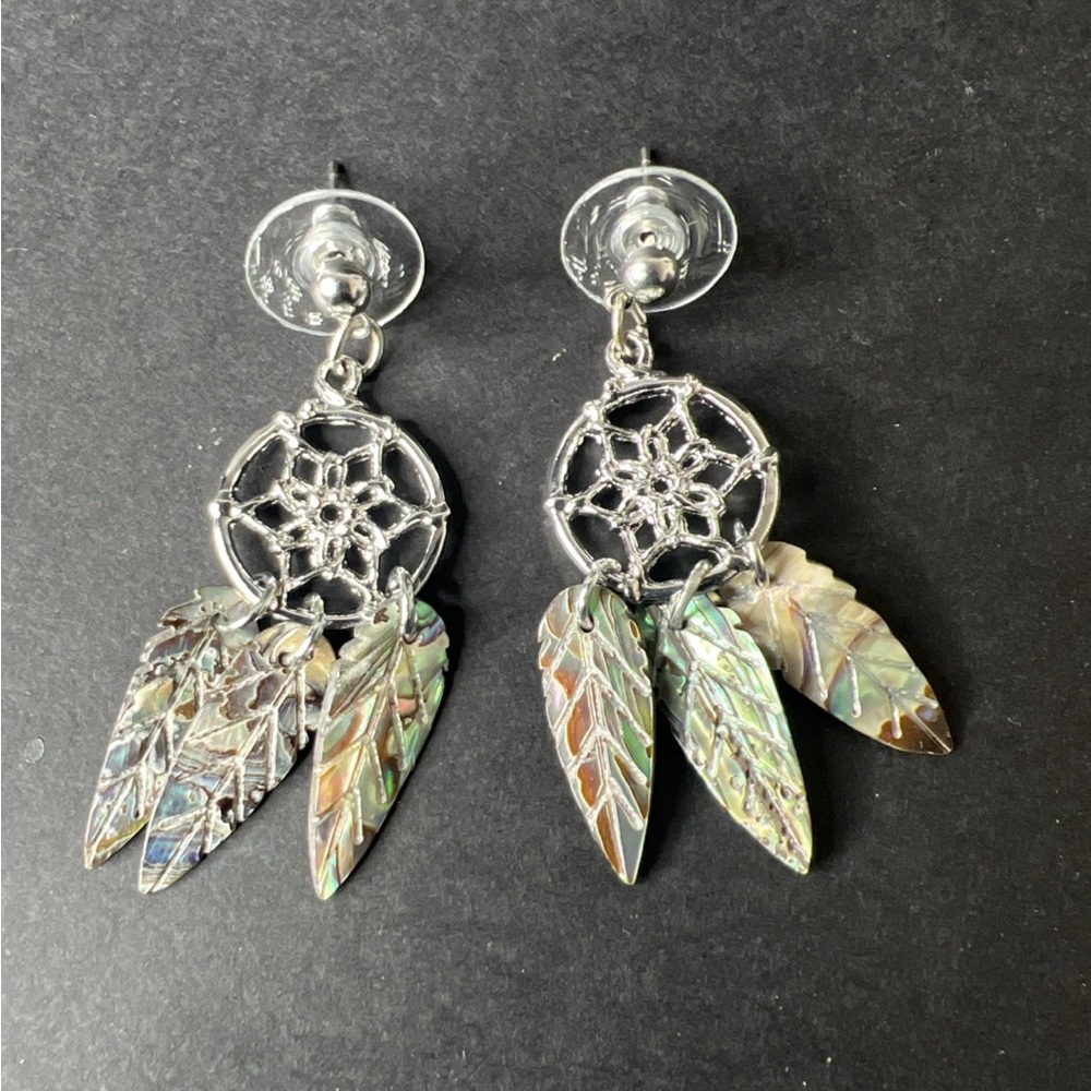 Dream Catcher Dangle Push Back Earrings, Silver Color With Multicolor Feathers